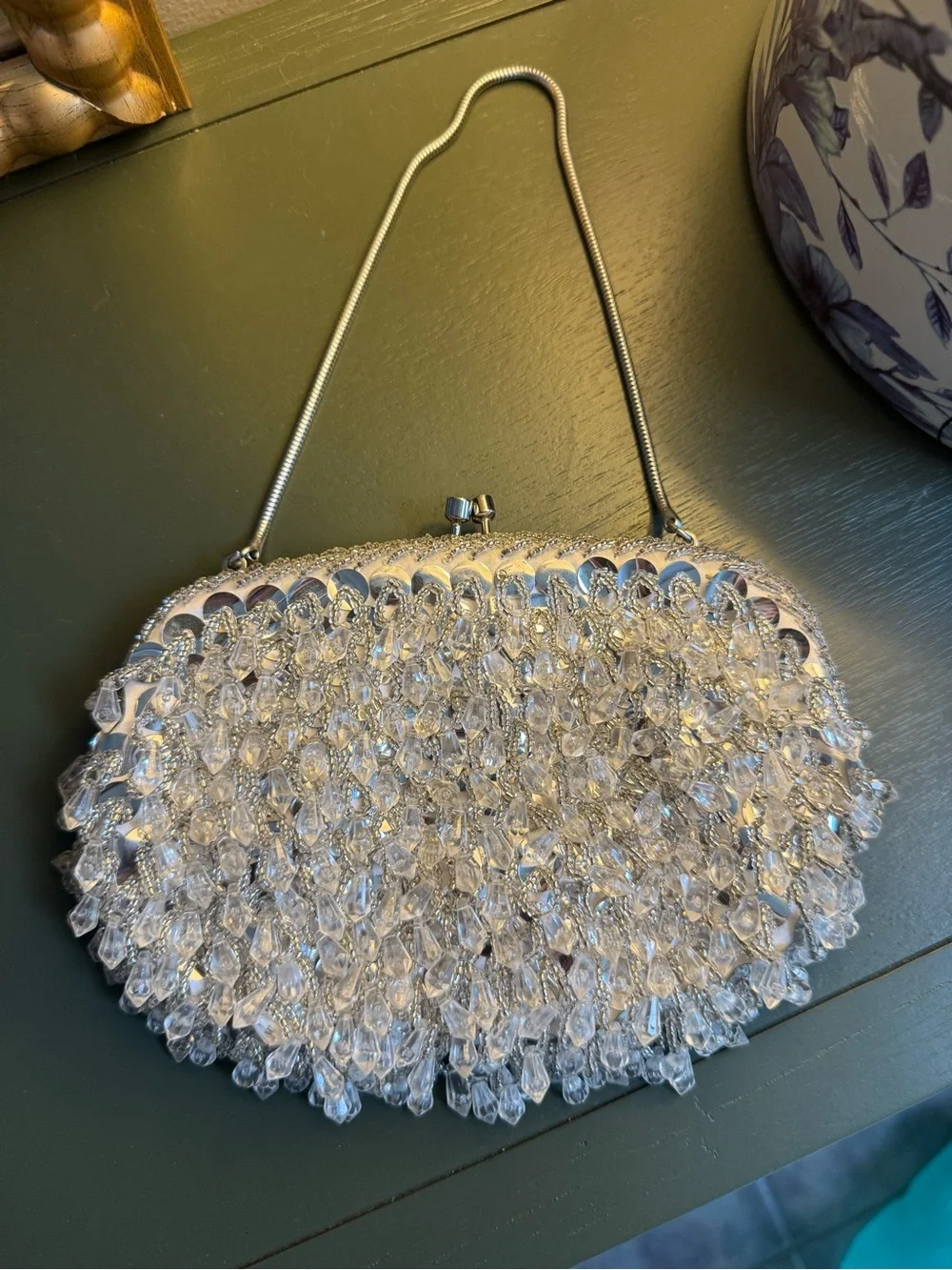 Vintage Crystal Beaded Evening Clutch Handbag - Silver